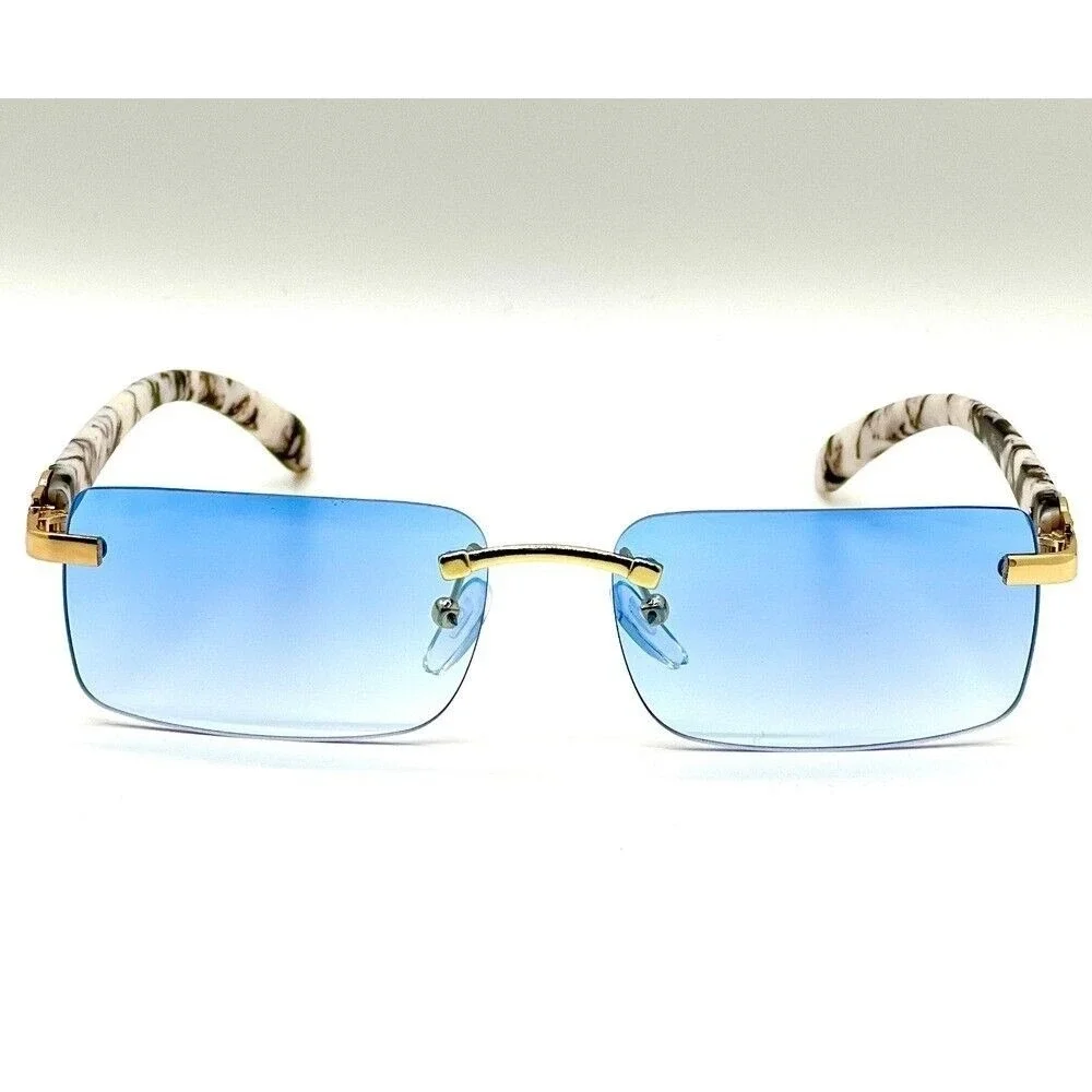 Rimless Rectangle Sunglasses Blue Lens Gold Accents Wood Grain Marble Arms Gafas